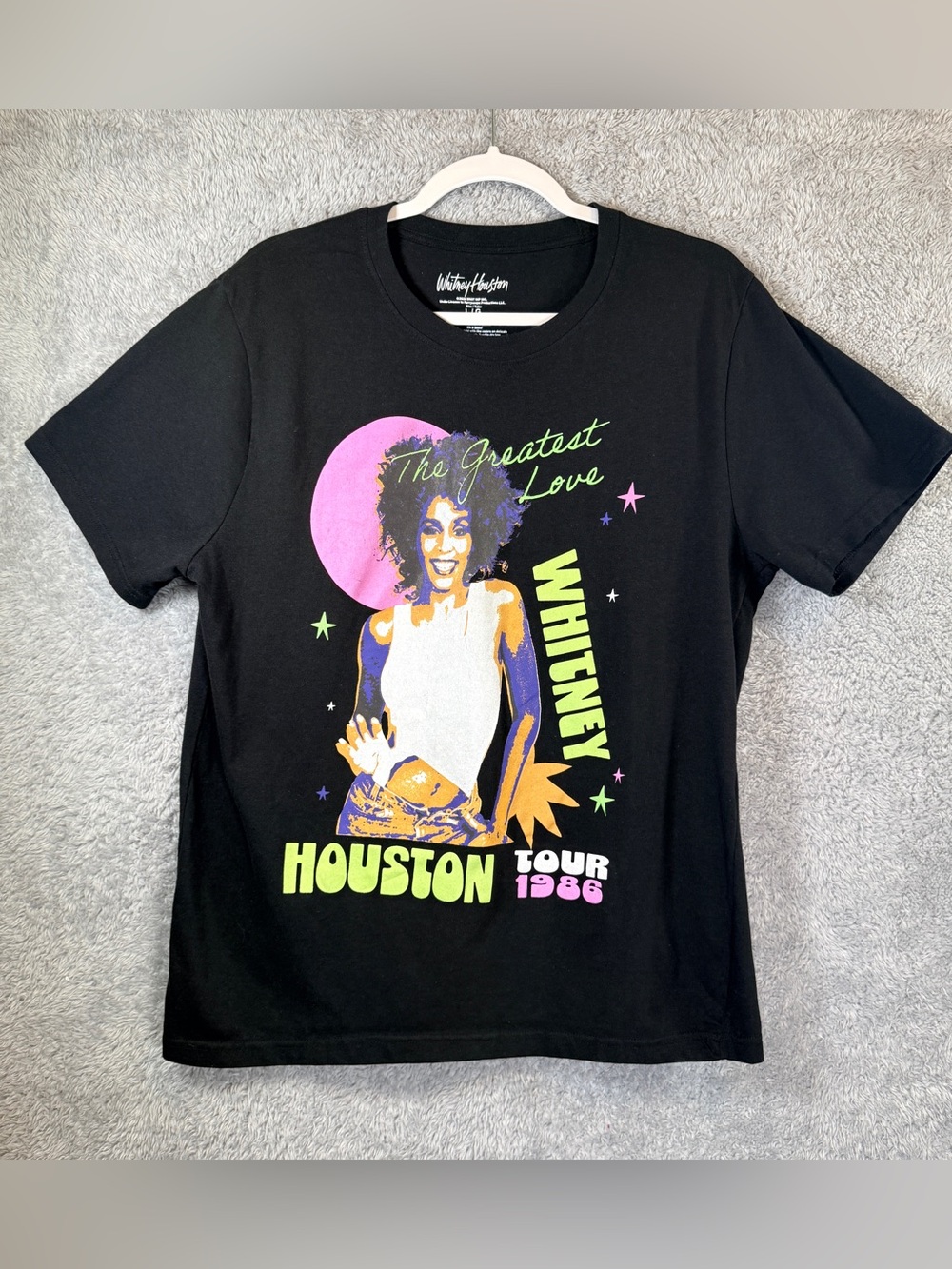 Whitney Houston Graphic Tee - Black with Neon Print Size Large